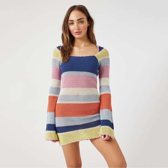Forever 21 Crocheted Striped Mini Dress Sz S - Picture 1 of 8